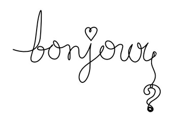 Calligraphic inscription of word "bonjour", "hello" with question mark as continuous line drawing on white  background © suns07butterfly