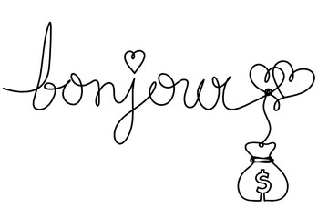 Calligraphic inscription of word "bonjour", "hello" with dollar as continuous line drawing on white  background © suns07butterfly