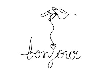 Calligraphic inscription of word "bonjour", "hello" with  hand as continuous line drawing on white  background
