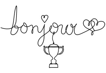 Calligraphic inscription of word "bonjour", "hello" with trophy as continuous line drawing on white  background © suns07butterfly