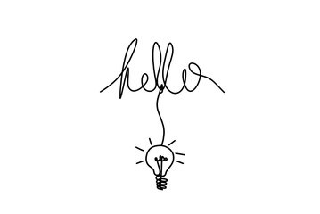 Calligraphic inscription of word "bonjour", "hello" with light bulb as continuous line drawing on white  background © suns07butterfly