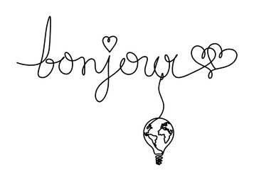 Calligraphic inscription of word "bonjour", "hello" with light bulb as continuous line drawing on white  background © suns07butterfly