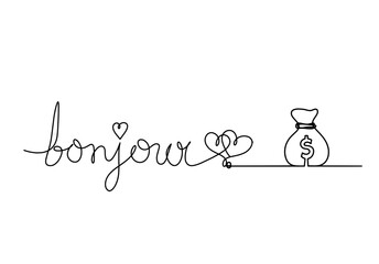 Calligraphic inscription of word "bonjour", "hello" with dollar as continuous line drawing on white  background © suns07butterfly