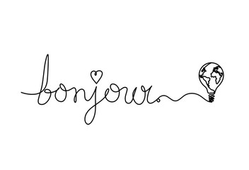 Calligraphic inscription of word "bonjour", "hello" with light bulb as continuous line drawing on white  background © suns07butterfly