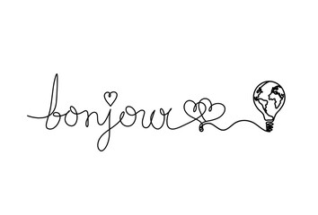 Calligraphic inscription of word "bonjour", "hello" with light bulb as continuous line drawing on white  background © suns07butterfly