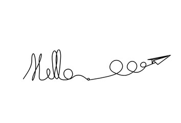 Calligraphic inscription of word "bonjour", "hello" with paper plane as continuous line drawing on white  background © suns07butterfly