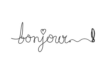Calligraphic inscription of word "bonjour", "hello" with paper plane as continuous line drawing on white  background © suns07butterfly