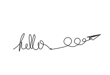 Calligraphic inscription of word "bonjour", "hello" with paper plane as continuous line drawing on white  background © suns07butterfly
