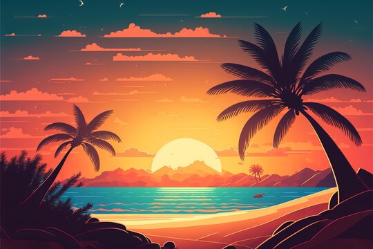 Evening on the beach with palm trees. An evening on the beach with palm trees. Colorful picture for rest. Blue palm trees at sunset. Generative AI