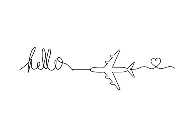 Calligraphic inscription of word "bonjour", "hello" with plane as continuous line drawing on white  background
