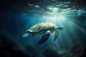 Obraz na płótnie Canvas Sea turtle underwater at sea with sun rays. Digitally generated AI image