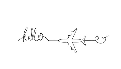 Calligraphic inscription of word "bonjour", "hello" with plane as continuous line drawing on white  background