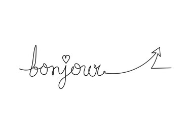 Calligraphic inscription of word "bonjour", "hello" with direction as continuous line drawing on white  background. Vector © suns07butterfly