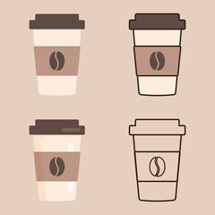 Delicious coffee paper cup icon with coffee beans. Drink vector illustration design