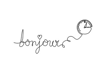 Calligraphic inscription of word "bonjour", "hello" with clock as continuous line drawing on white  background. Vector © suns07butterfly