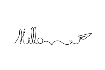 Calligraphic inscription of word "bonjour", "hello" with paper plane as continuous line drawing on white  background © suns07butterfly