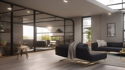 Fototapeta na wymiar postmodern living room interior in loft, industrial style, vintage, Generative AI