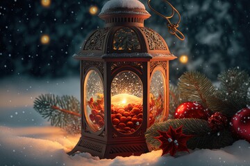 Christmas lantern on snow, holiday candle winter background Generative AI illustration