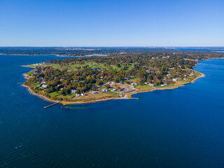 Fototapeta premium Aerial view of Warwick Point including Warwick Lighthouse in city of Warwick, Rhode Island RI, USA. 