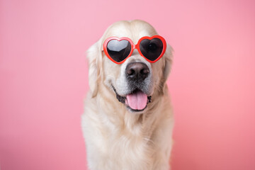 Fototapeta A beautiful dog with heart-shaped glasses sits on a pink background. Golden Retriever in red Valentine's Day glasses obraz