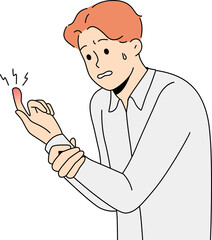 Unhealthy man look at finger trauma