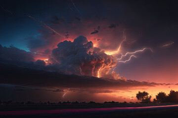landscape orange clouds with lightning illustration. generative Ai