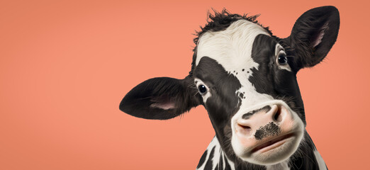 Cute Farm Animal On Colourful Background: A Close-Up Photo of an Adorable Cow Isolated on Orange...