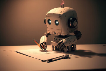 Concept of a robot replacing humans at work, robot writing, AI generative art, ChatGPT. Illustration created with Generative AI.