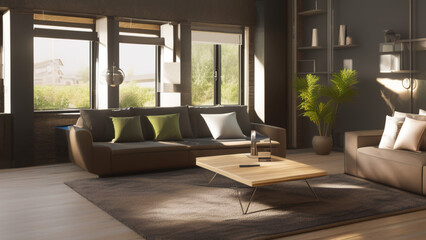 Fototapeta premium postmodern living room interior in loft, industrial style, vintage, Generative AI