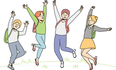 Smiling children with backpack jumping