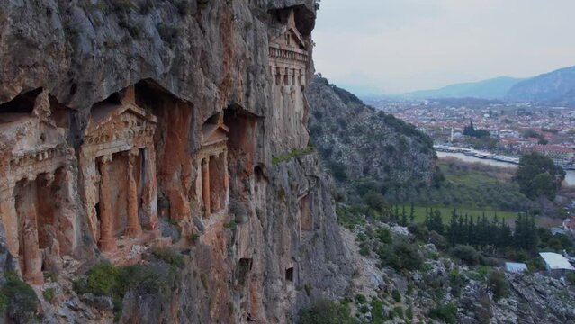 Aerial drone view of Lycian tombs of kings in ancient city of Kaunos in Dalyan valley in Turkey