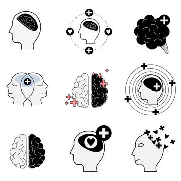 Mental health icon set, Cardiology, Mental Health Line Icon.  Human Mental Health Development and Care Outline Icon Isolated Vector - Illustration