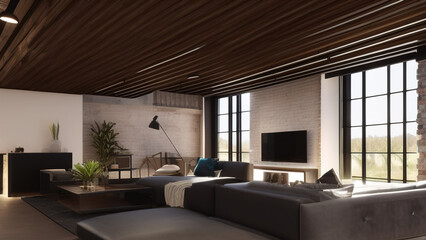 Fototapeta na wymiar postmodern living room interior in loft, industrial style, vintage, Generative AI