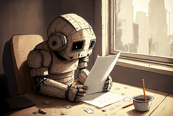Fototapeta premium Concept of a robot replacing humans at work, robot writing, AI generative art, ChatGPT. Illustration created with Generative AI.