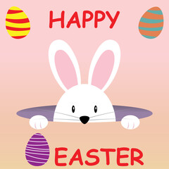 White rabbit peeking out from a hole with the text happy easter and easter eggs