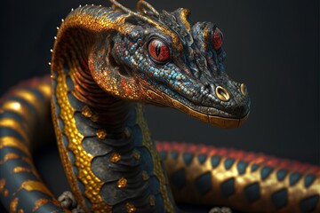 close-up of a snake with dragon horns and black scales with red and gold patterning. Snake with colorful, beautiful eyes Generative AI