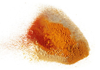 mixed, spice, turmeric, cayenne, pepper, ground, ginger, curry, minced, white, isolated, top,...