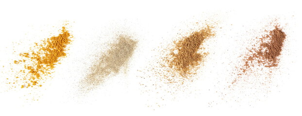 Set spices pile, turmeric, ground white pepper, curry, nutmeg powder isolated on white, top view texture