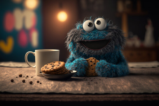 Cookies and coffee cup on the burlap rustic table, super cute furry blue monster with adorable big eyes, sits and eats cookies on cinematic bakery blurred and bokeh background, Ai generated