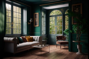 photography interior design, wooden floor, french windows opening onto the garden, eclectic furniture and decoration, low ceilings, dark green amber palette, interior design magazine, generative Ai