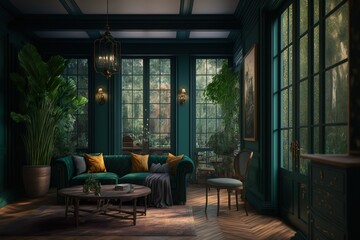 photography interior design, wooden floor, french windows opening onto the garden, eclectic furniture and decoration, low ceilings, dark green amber palette, interior design magazine, generative Ai