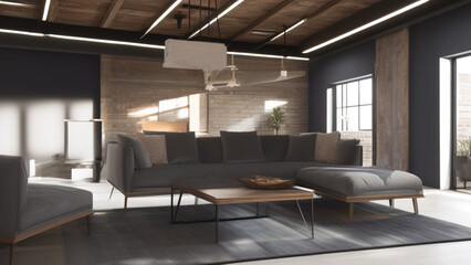 postmodern living room interior in loft, industrial style, vintage, Generative AI