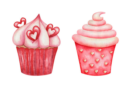 Watercolor illustration. Hand painted red cupcake with pink meringue, hearts. Baked muffin with cream. Sweet food dessert for cafe, restaurant. Isolated clip art for packaging, menu, advertisement