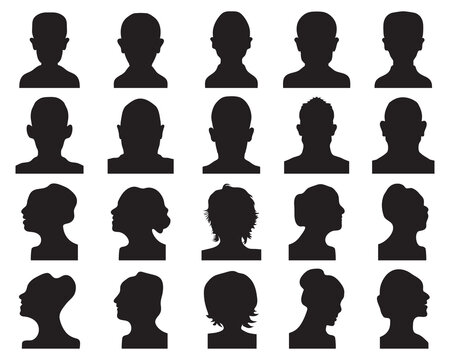Black silhouettes of of male and female heads on a white background