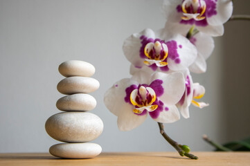 Obraz na płótnie Canvas Stack of bright white stones built in tower isolated on white background with white purple orchid flower on long stem