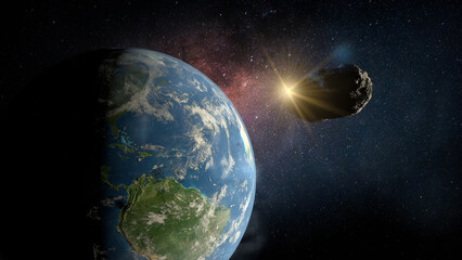 Rock asteroid passing close to planet Earth with the sun shining in the background. 3D Illustration