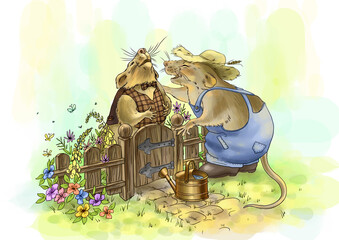 Illustration Cheerful mouse neighbors in the village. humorous picture - obrazy, fototapety, plakaty