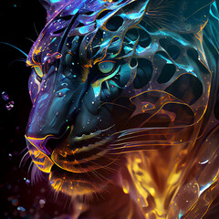 Translucent crystal panther on black background.  
Digitally generated AI image