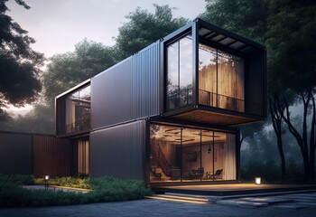 shipping container make as restaurant, office or house, modern and minimalism design, idea for sustainability for environmental preservation, tropical wood, Generative Ai