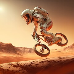 Astronaut doing bmx cycle stunt in Mars. Generative AI.